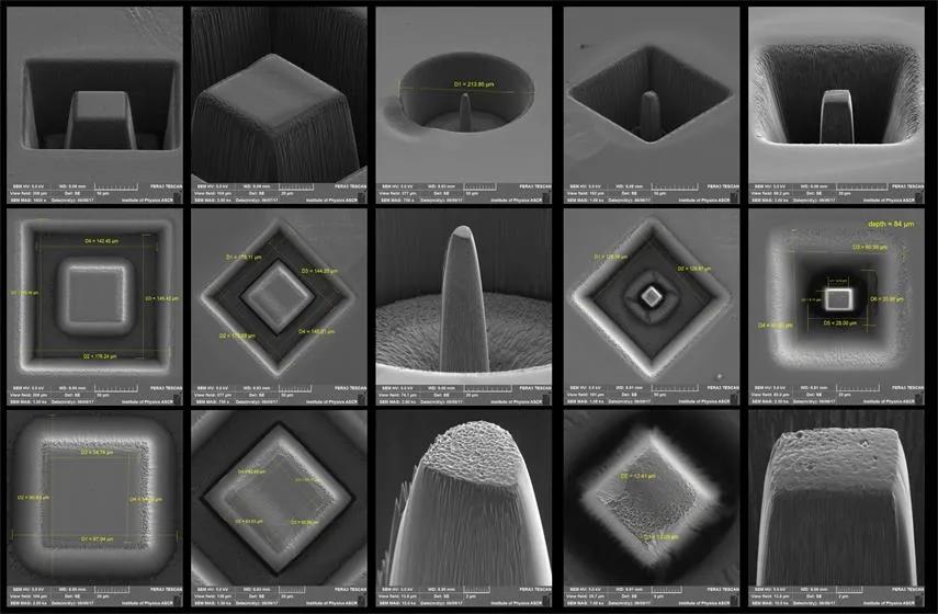 Příklad různých mikropilířků s magnetickou tvarovou pamětí připravených vyřezáním pomocí Xe-iontového svazku v elektronovém mikroskopu